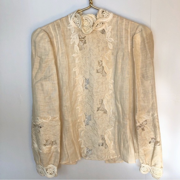 VINTAGE ivory linen lace Coquette Romantic blouse S - Picture 3 of 10